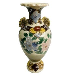 Japanese Satsuma Ware Pottery Vase Urn Moriage Beaded Enamelware Crackled Glaze
